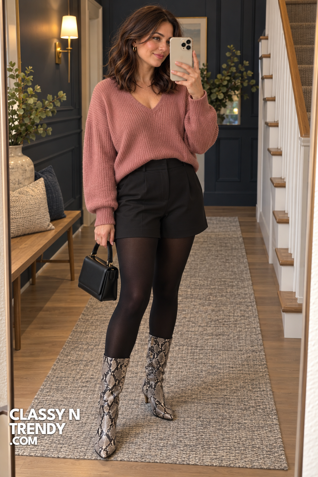 12. Snake Print Boots Meet Dusty Rose Knit