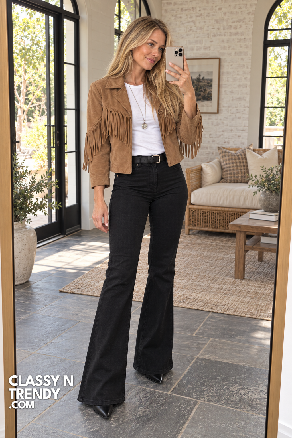 12. Fringe Jacket and Flared Jeans