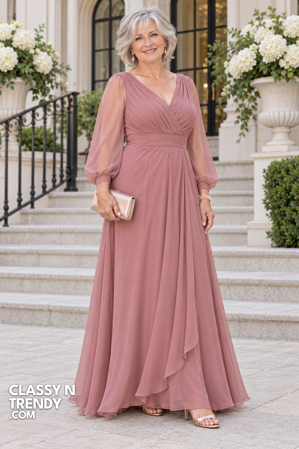 13. Dusty Rose Gown with Sheer Sleeves