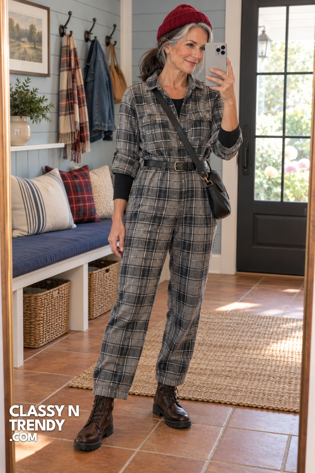 13. Gray Plaid Flannel Jumpsuit