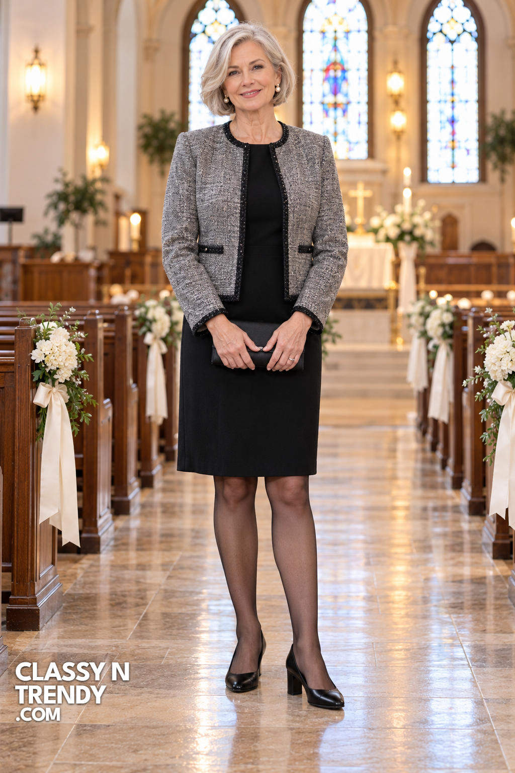 13. Gray Tweed Jacket With Black Dress