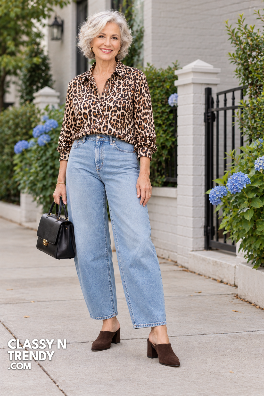 13. Leopard Blouse and Barrel Jeans