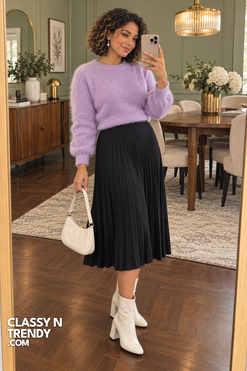 13. Lilac Sweater and Pleated Skirt