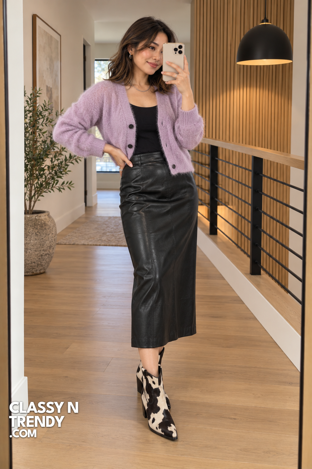 13. Lilac Mohair Cardigan with Black Leather Skirt