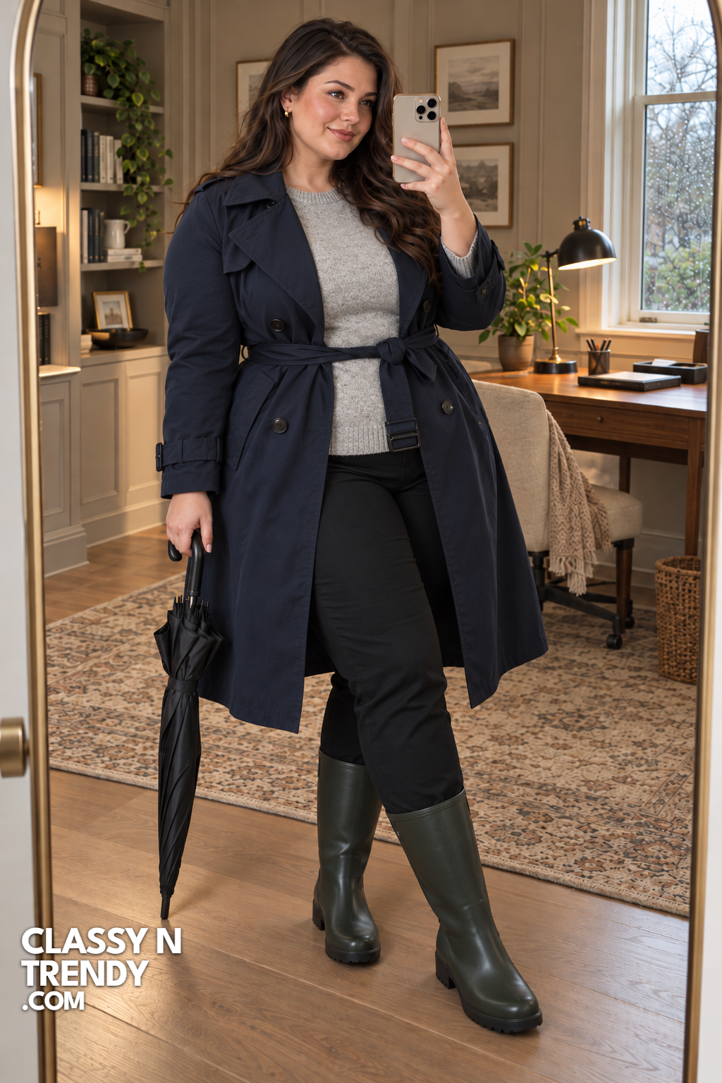 13. Navy Trench Coat and Gray Sweater
