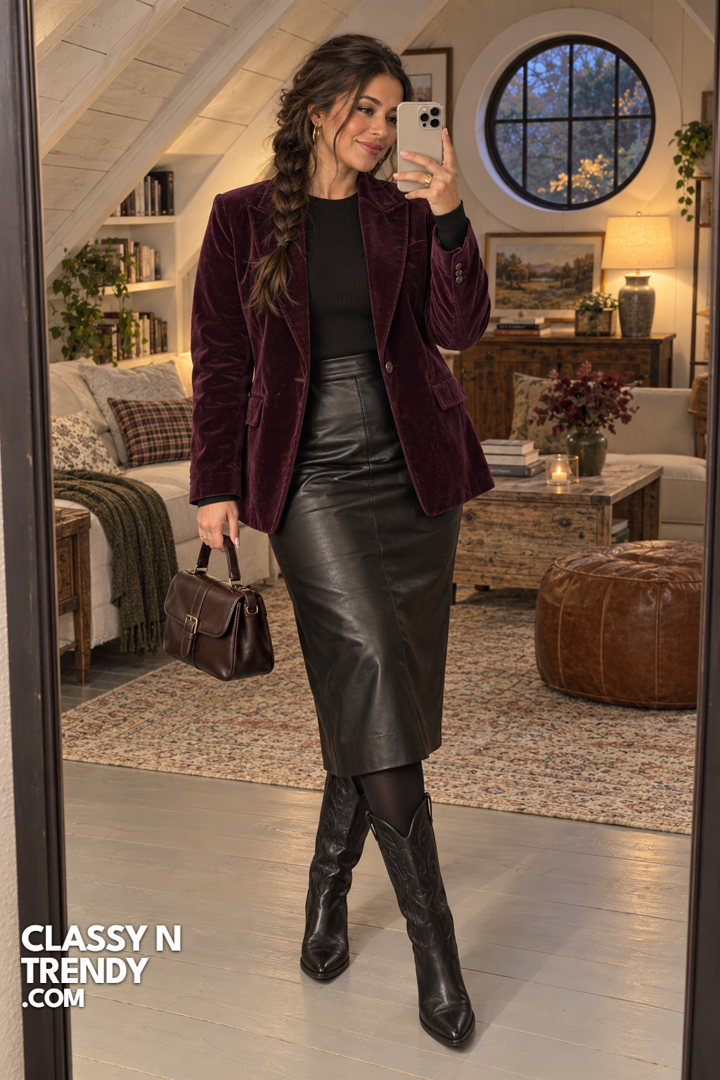 13. Plum Velvet Blazer and Leather Skirt