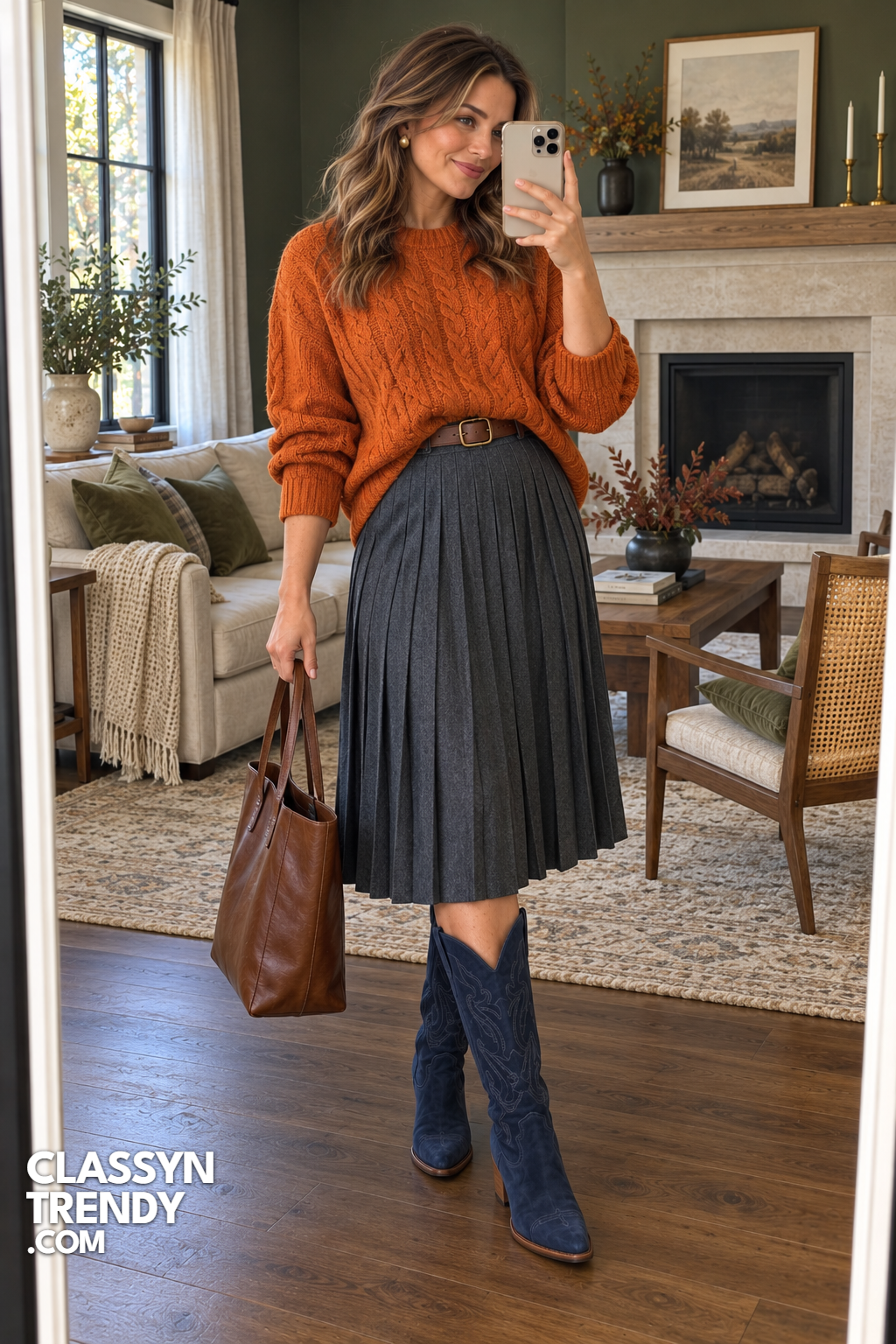 13. Pumpkin Sweater and Pleated Skirt