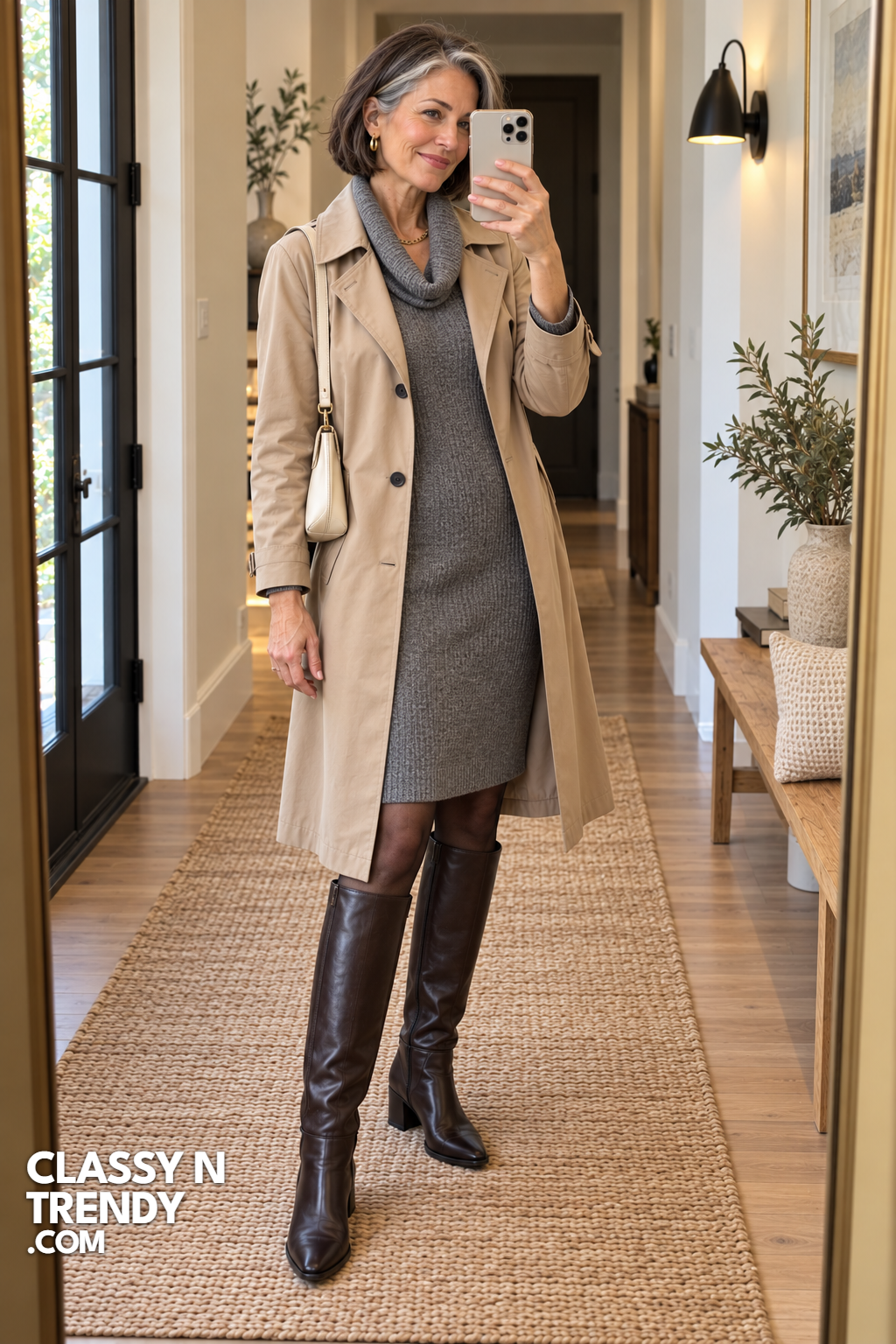 13. Sand Trench Over Gray Sweater Dress