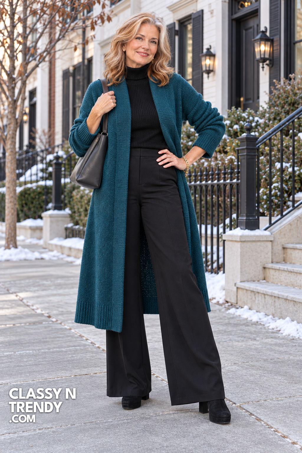 13. Teal Cardigan Coat and Wide Pants