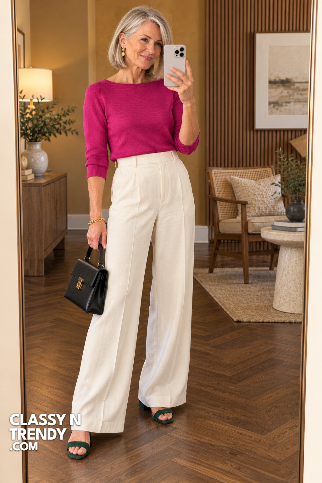 14. Ivory Pants and Fuchsia Knit