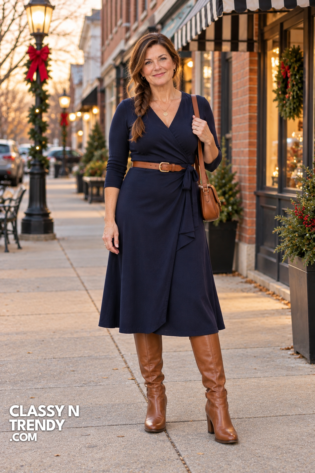 14. Navy Wrap Dress With Cognac Boots