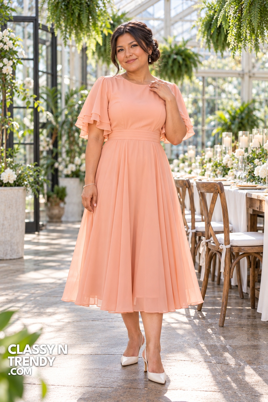 14. Peach Chiffon Tea Length Ruffle Sleeve Dress