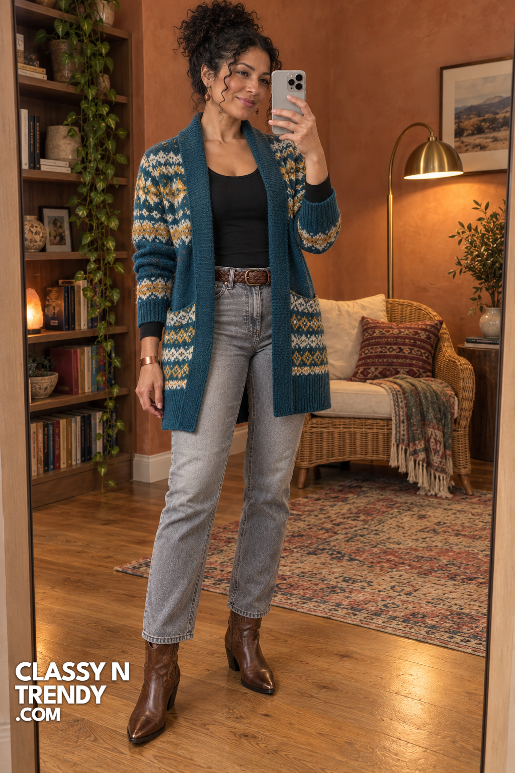 14. Teal Fair Isle Cardigan and Gray Jeans