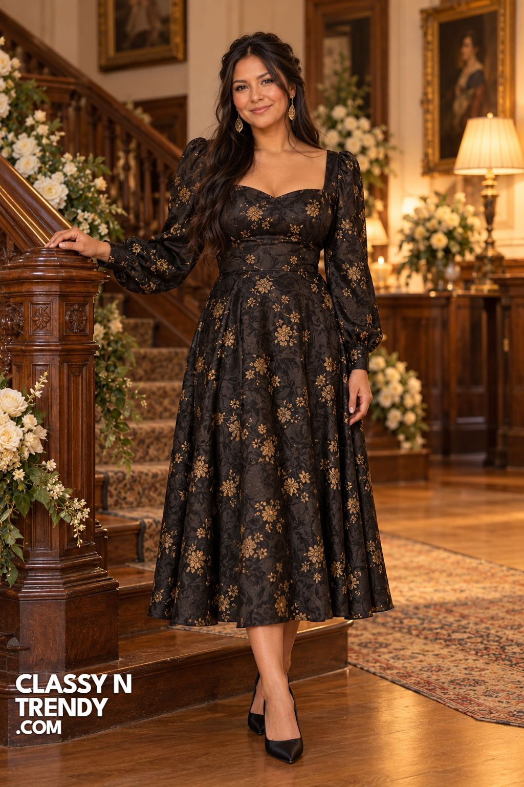 15. Black Floral Jacquard Long Sleeve Midi