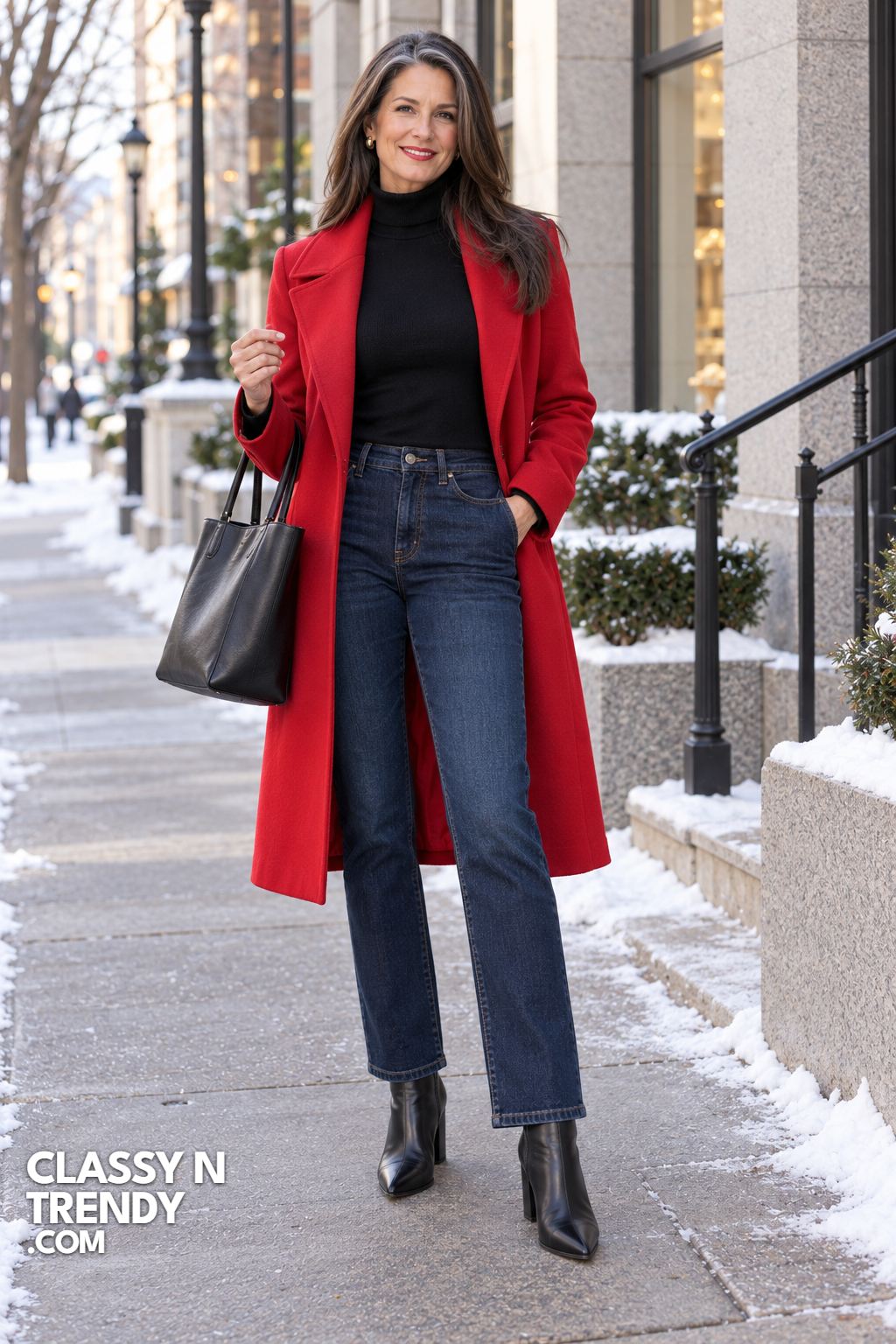 15. Black Turtleneck and Red Coat