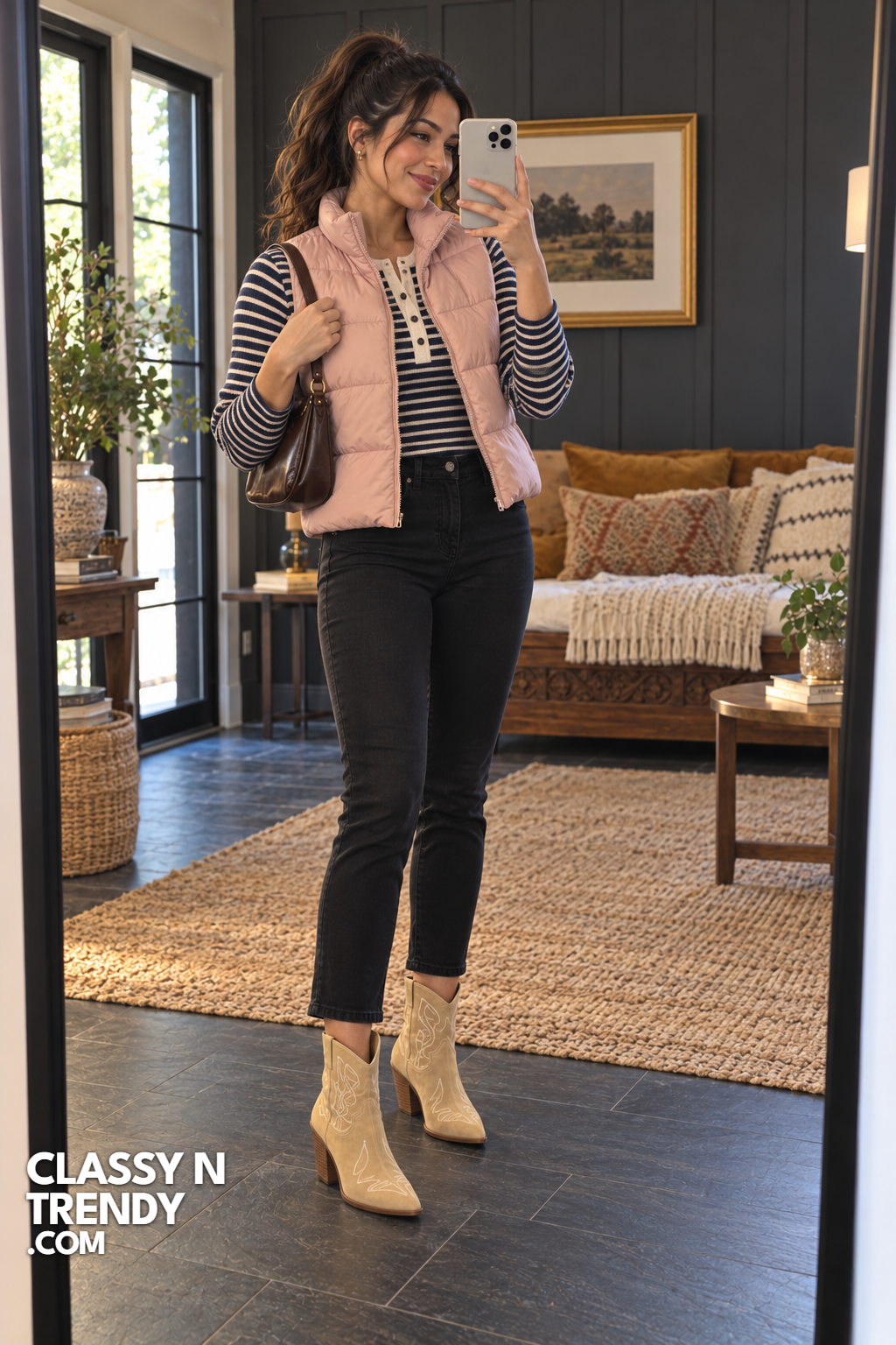 15. Blush Puffer Vest with Striped Henley