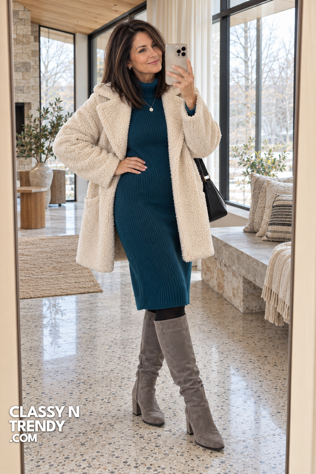 15. Cream Teddy Coat and Teal Knit Dress