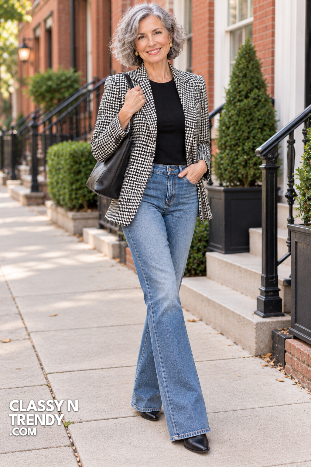 15. Houndstooth Blazer and Bootcut Jeans