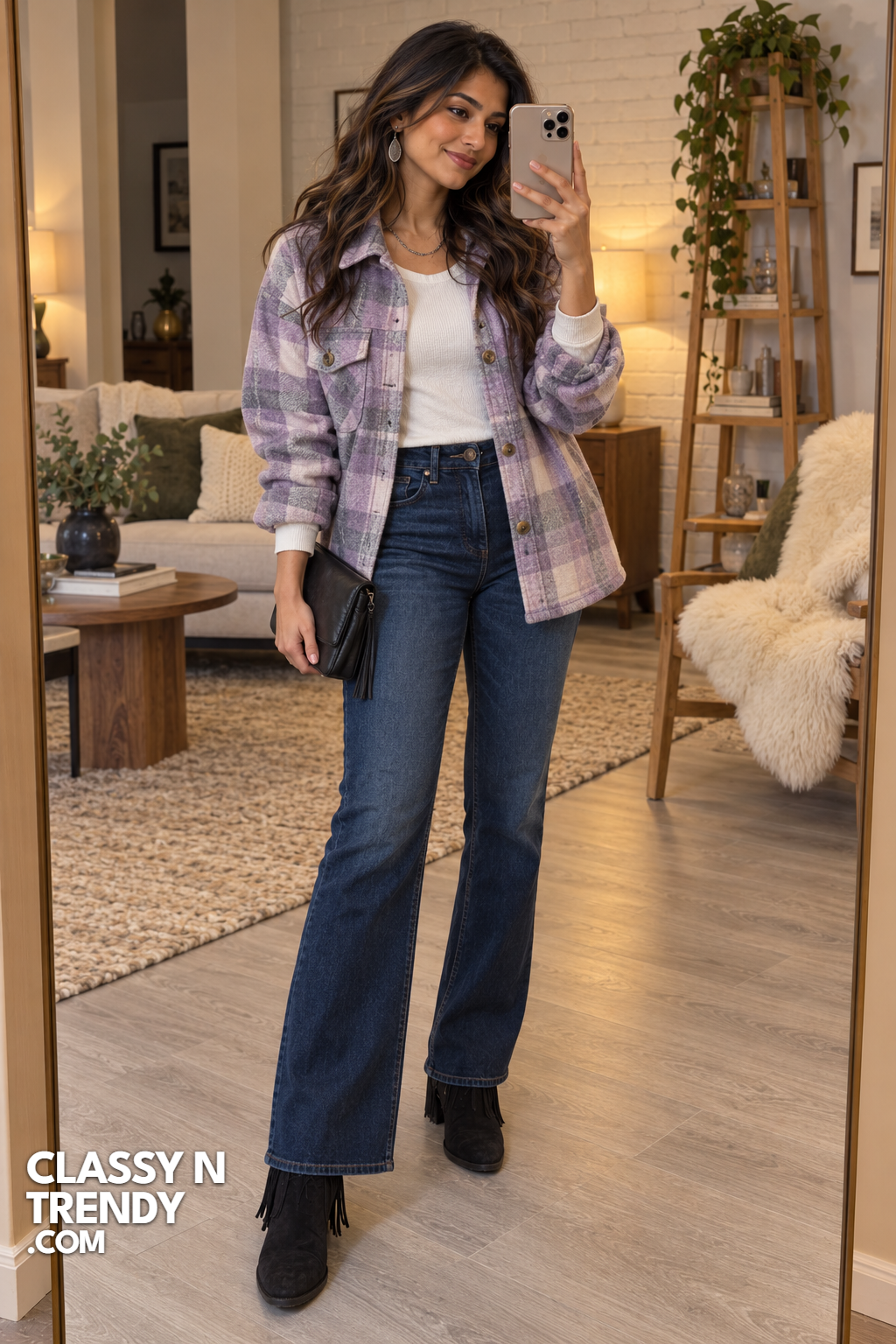 15. Lavender Shacket and Dark Bootcut Jeans