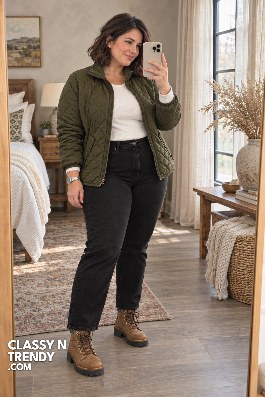 15. Olive Quilted Jacket and Black Jeans