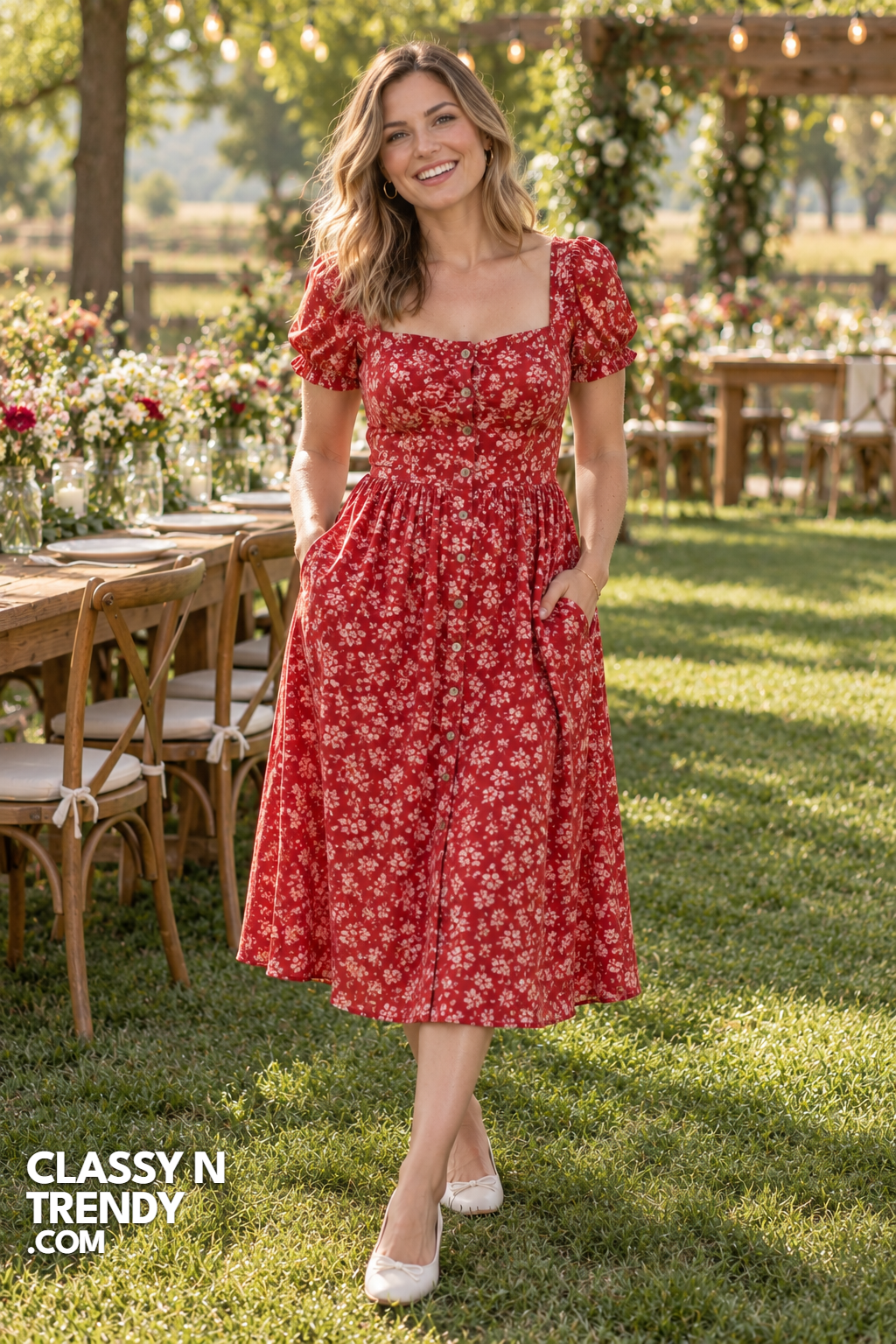 15. Red Floral Button Front Midi