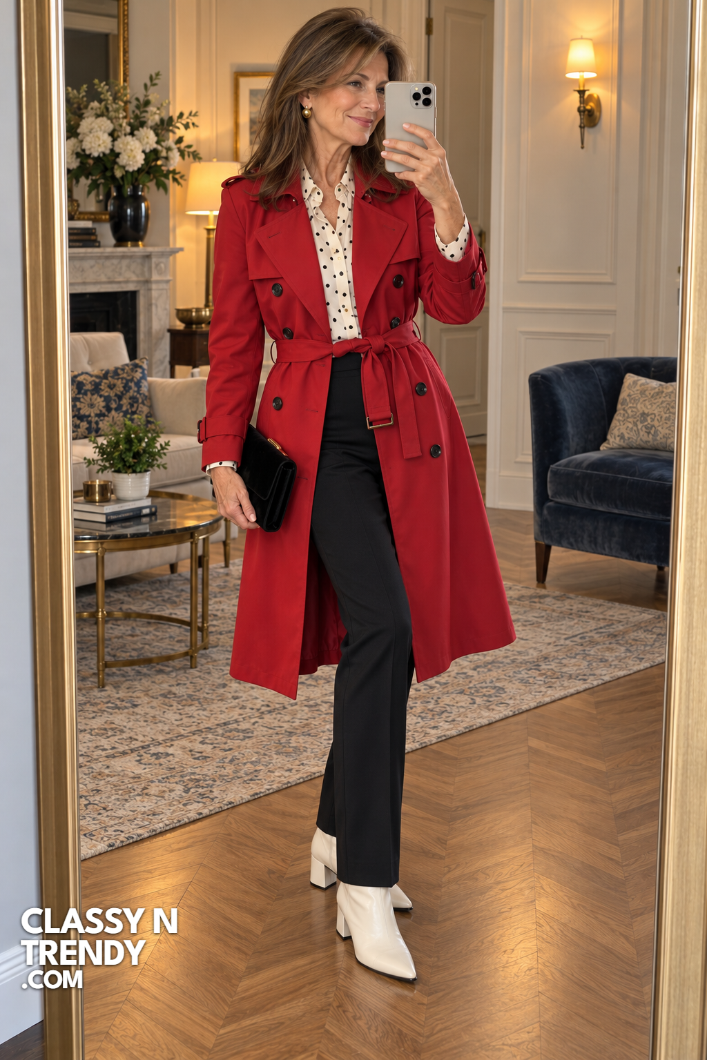 15. Red Trench With Polka Dot Blouse