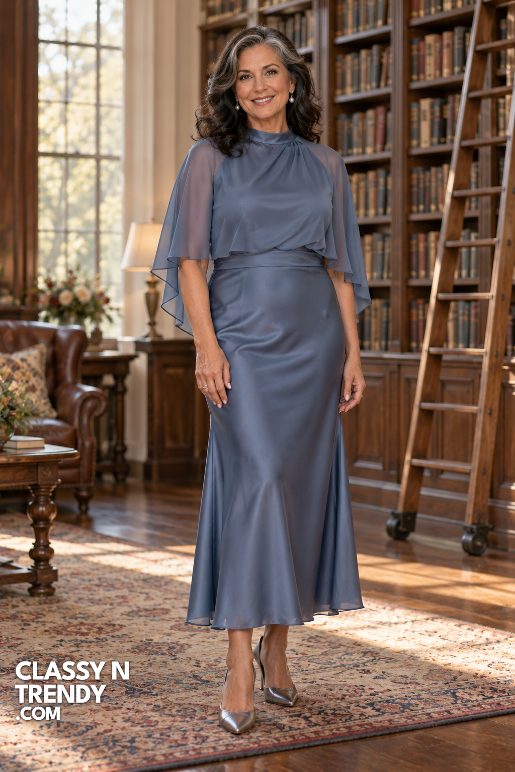 15. Slate Blue Satin With Sheer Cape Overlay