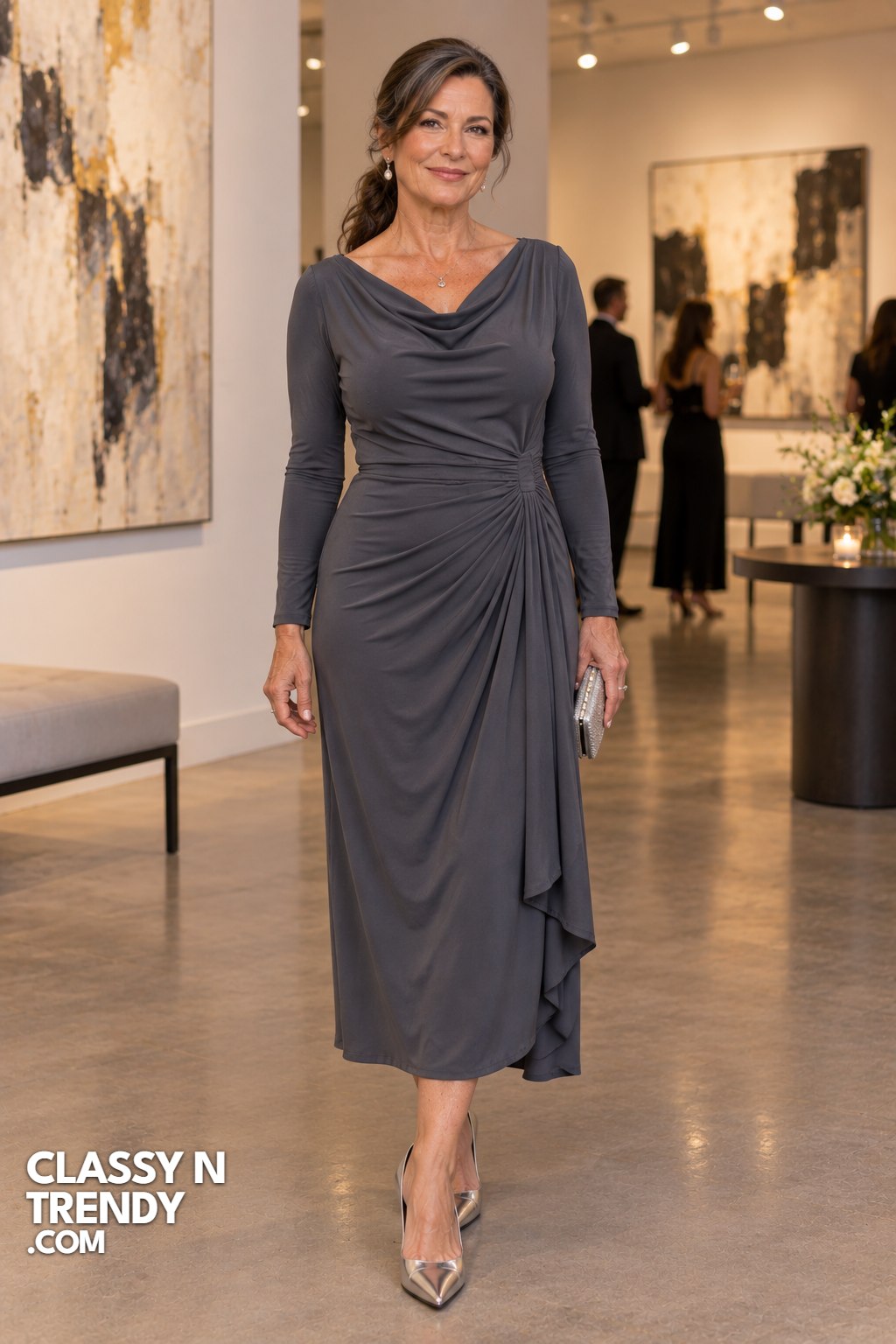 15. Slate Gray Draped Evening Dress