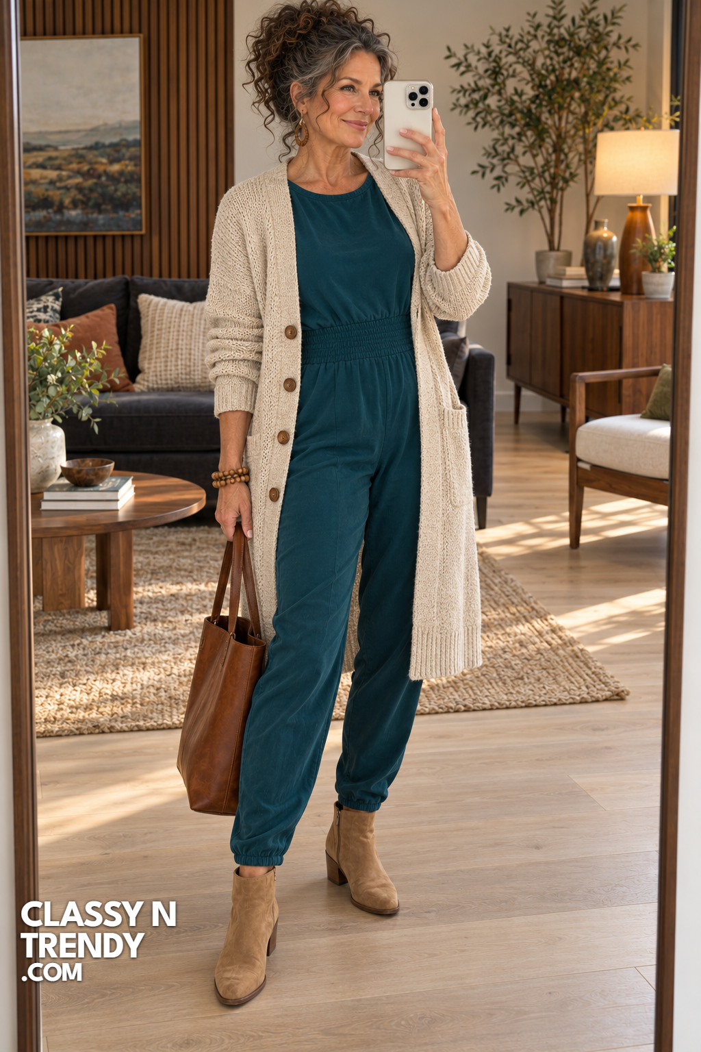 15. Teal Jumpsuit With Long Cardigan