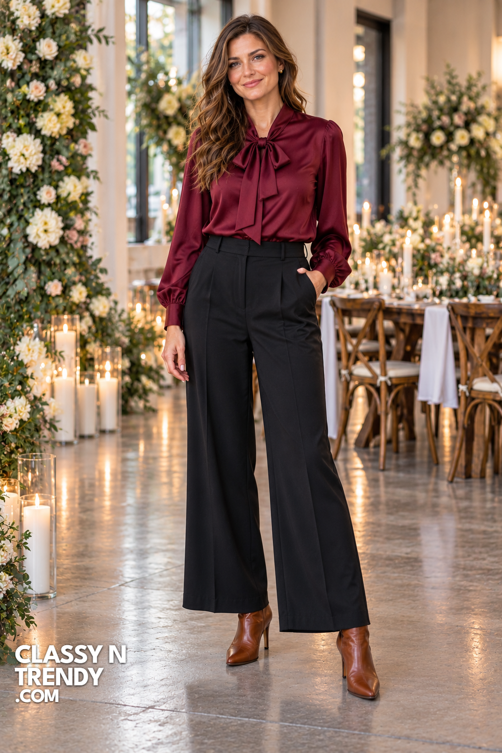 15. Wine Red Blouse With Wide Leg Pants and Boots
