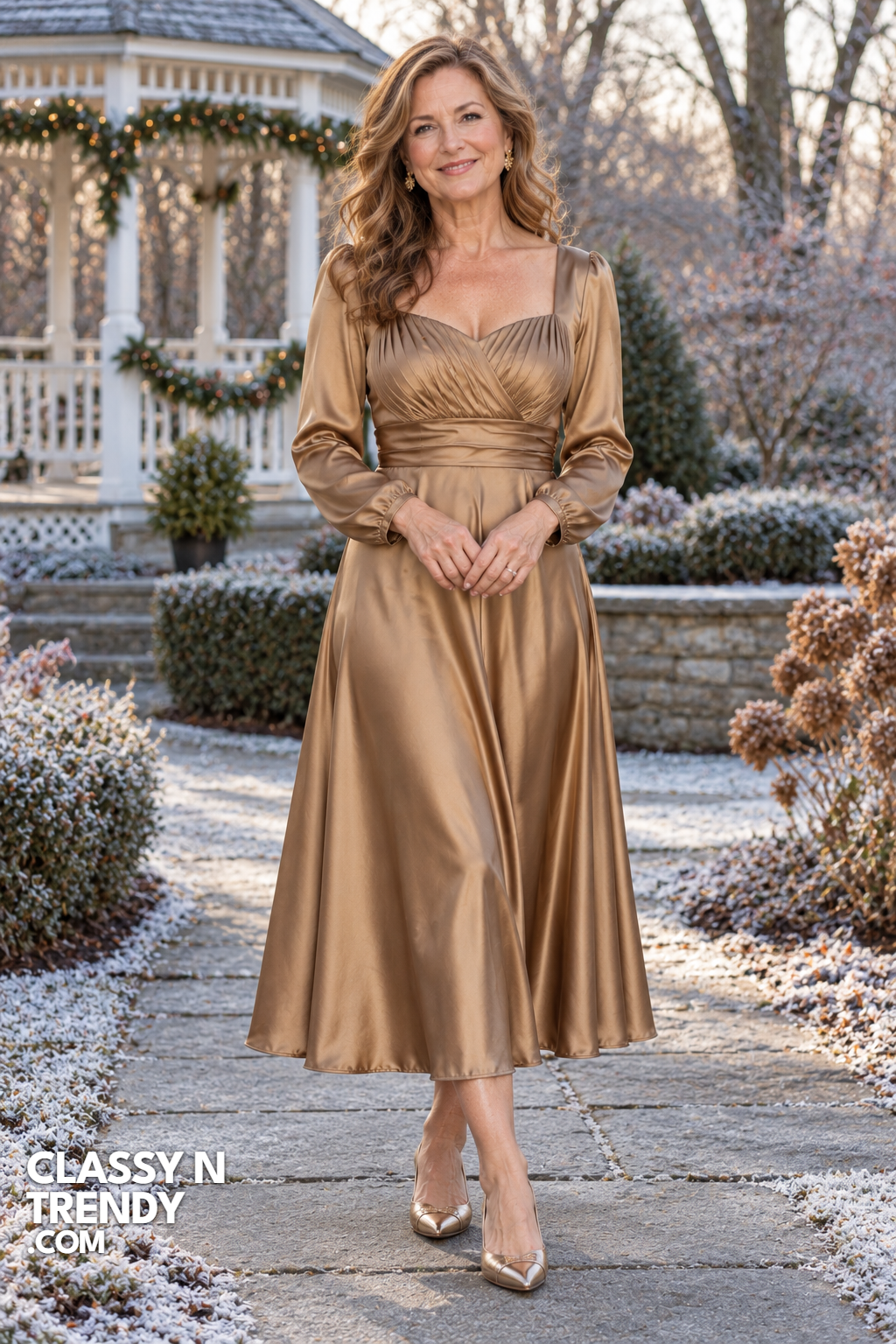 16. Antique Gold Pleated Bodice Satin Midi