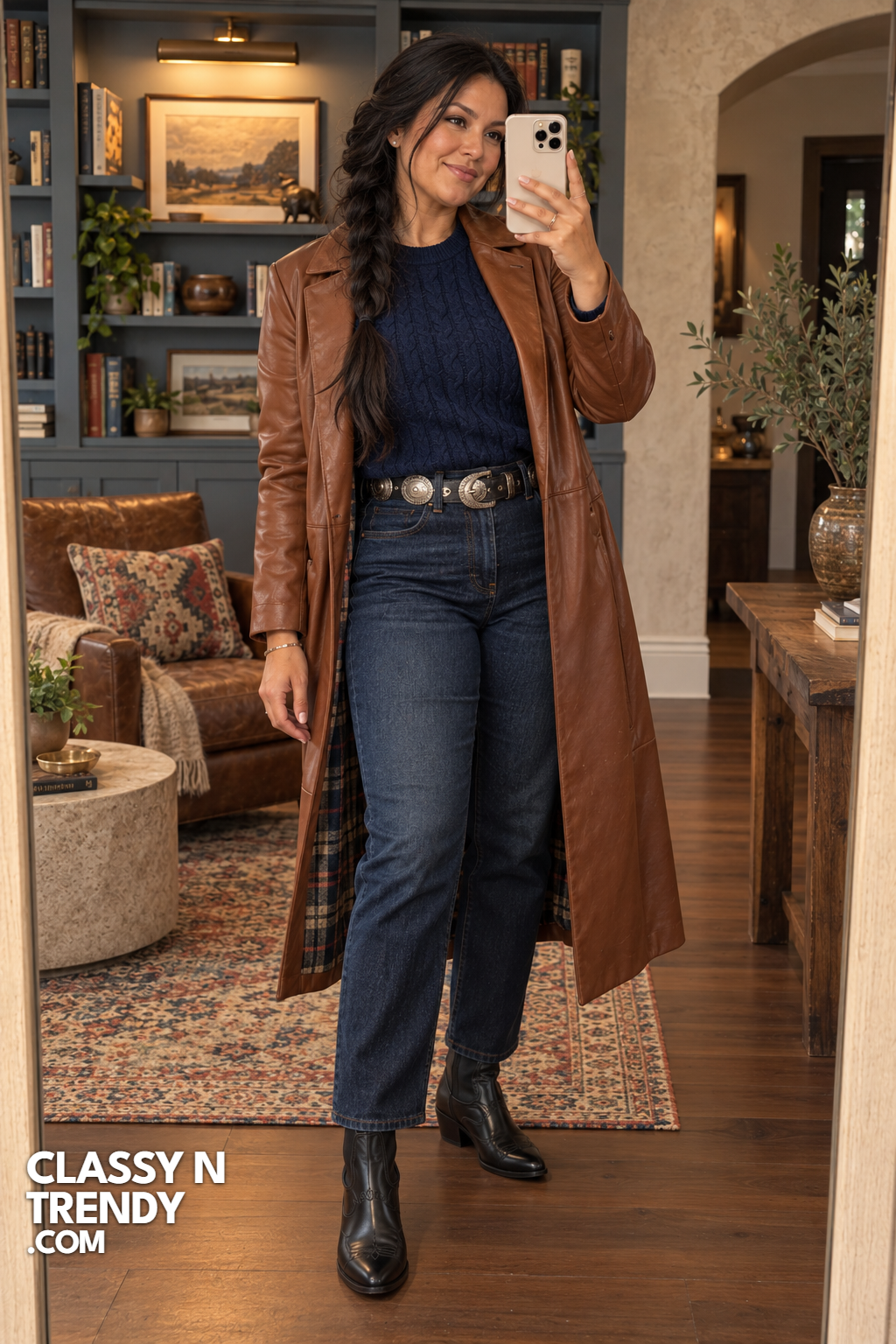 16. Cognac Duster and Navy Sweater