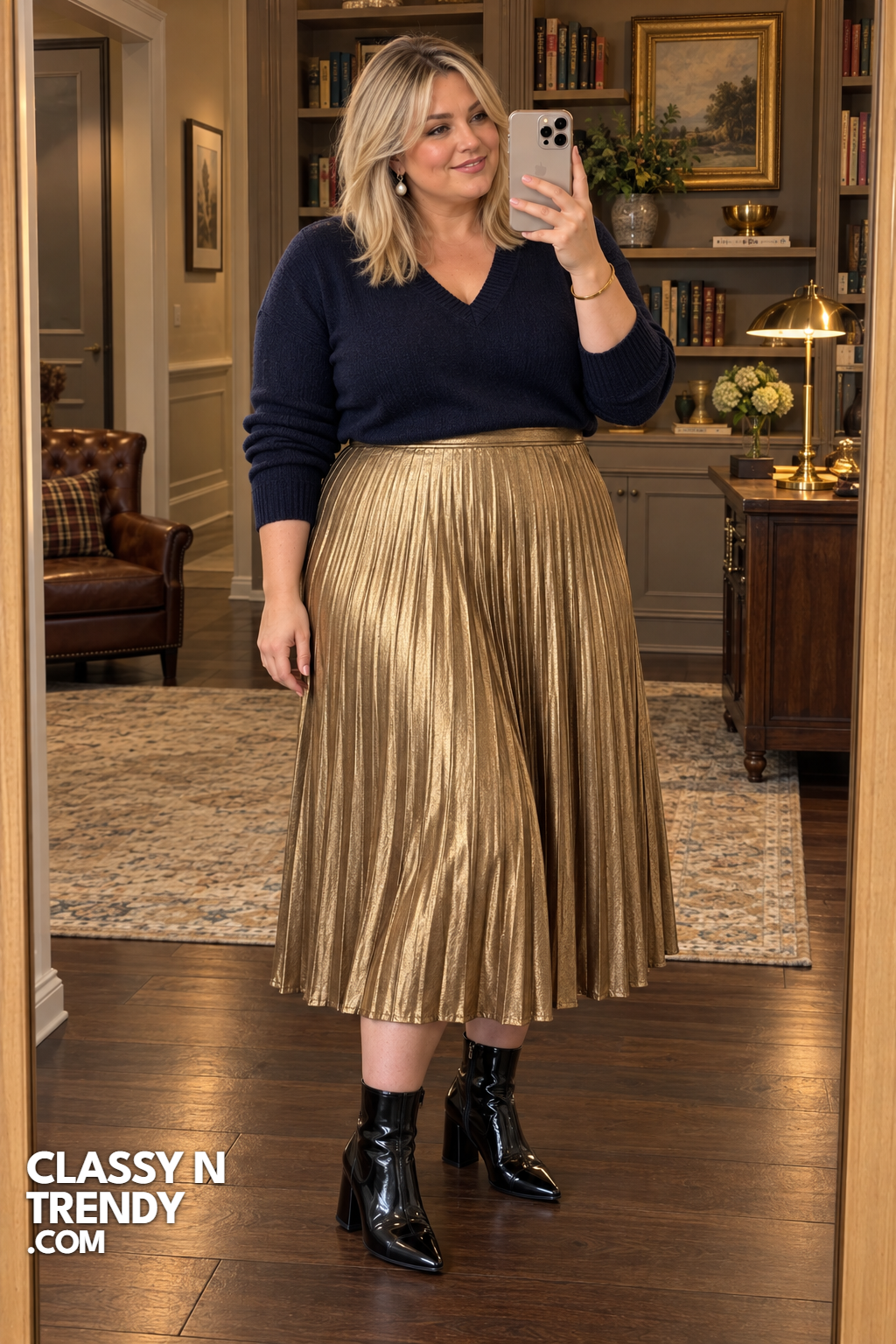 16. Gold Pleated Skirt and Navy Sweater