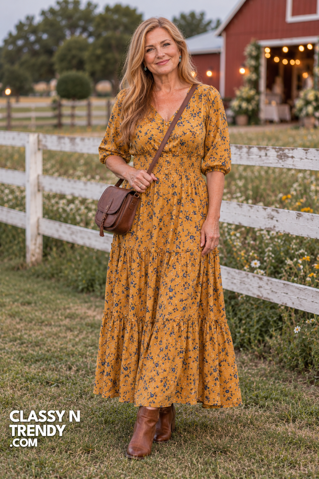 16. Mustard Floral Maxi With Ankle Boots