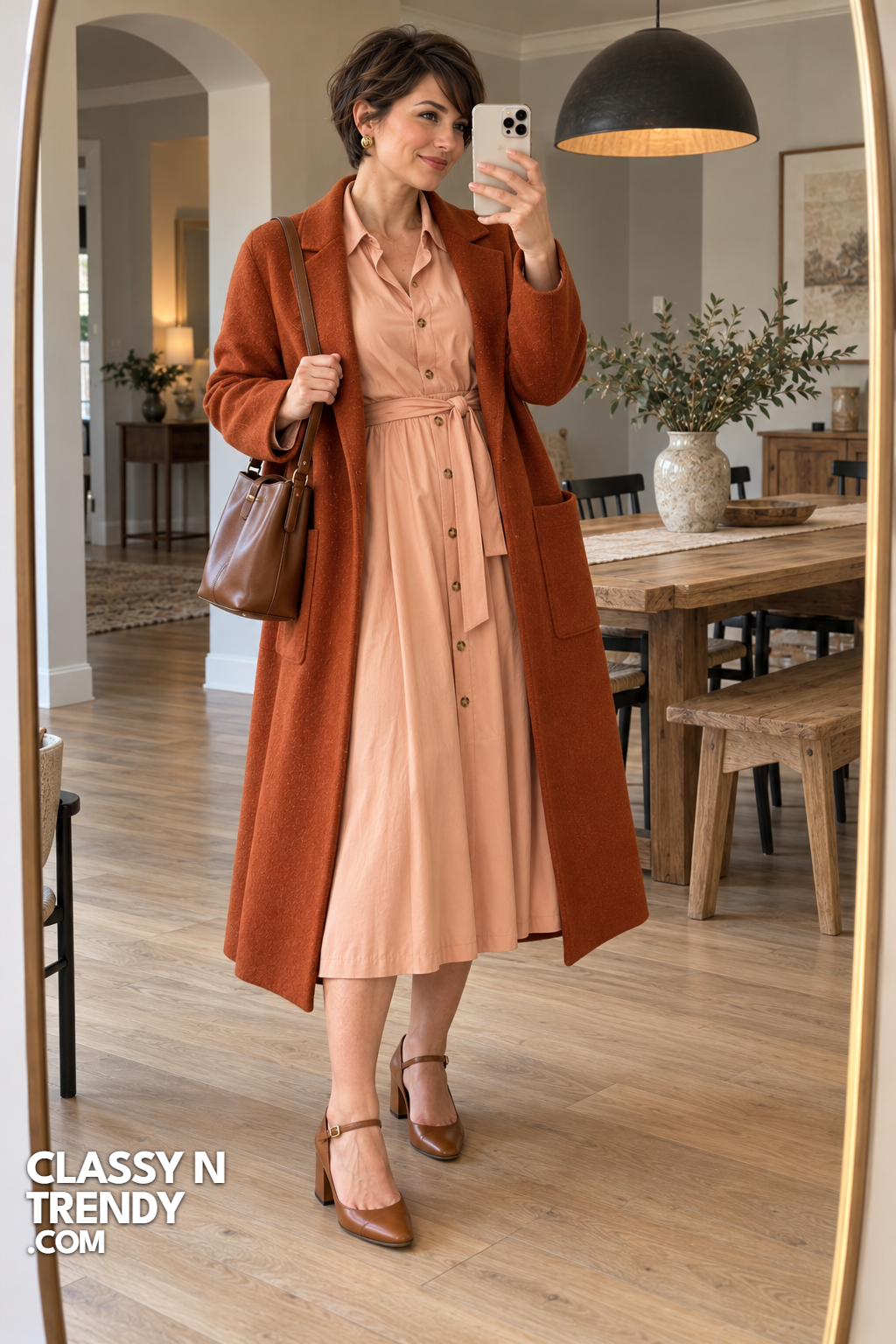 16. Peach Shirt Dress with Burnt Orange Coat