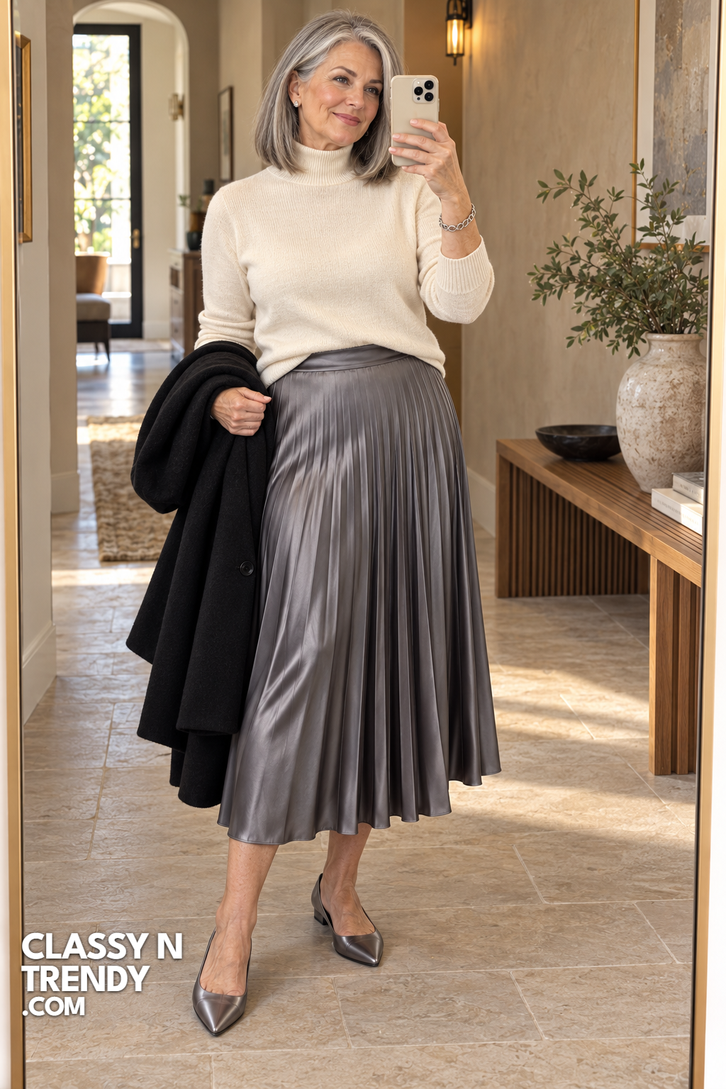 16. Pewter Satin Skirt and Ivory Knit