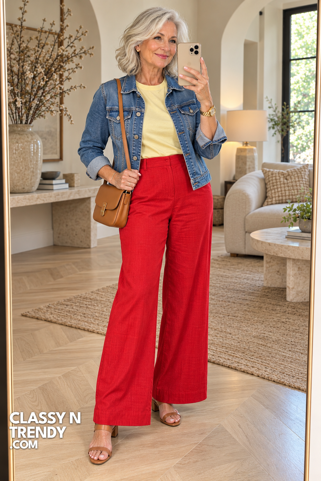 16. Red Pants and Denim Jacket