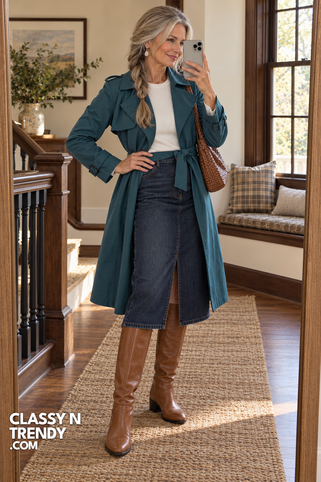 16. Teal Trench With Denim Midi Skirt