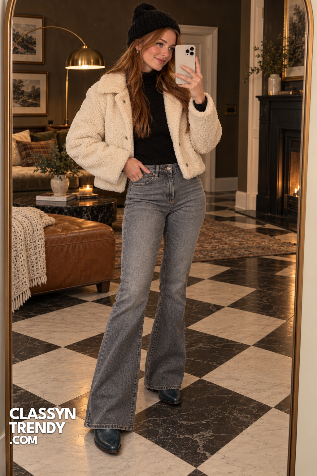 16. Teddy Coat and Gray Flares