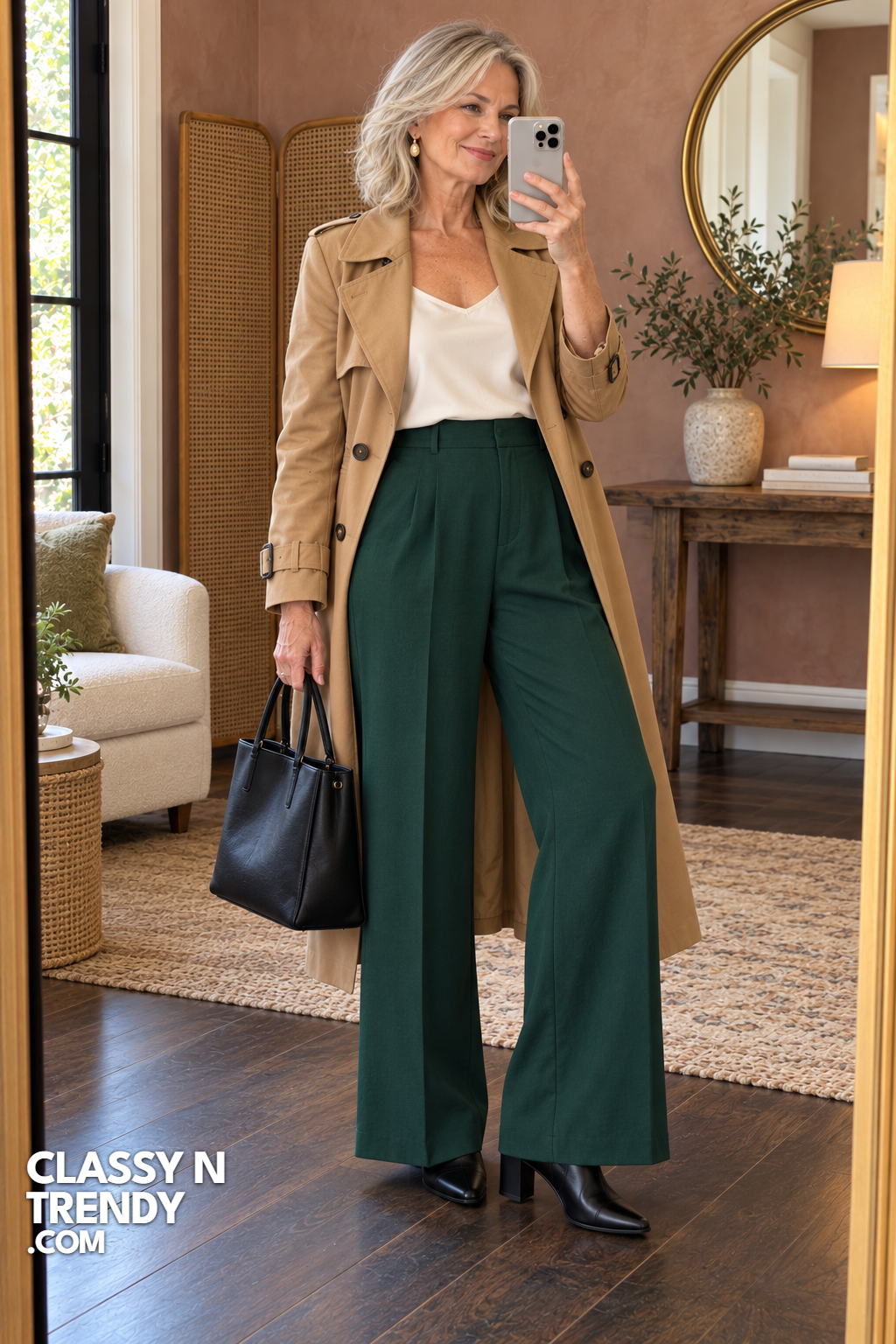 17. Forest Green Pants and Tan Trench