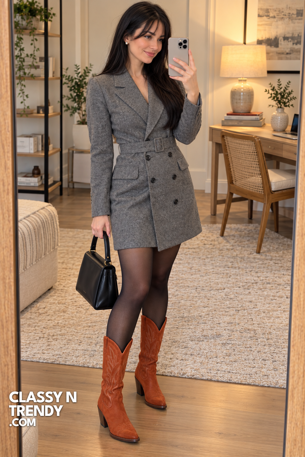 17. Heather Gray Blazer Dress with Orange Boots
