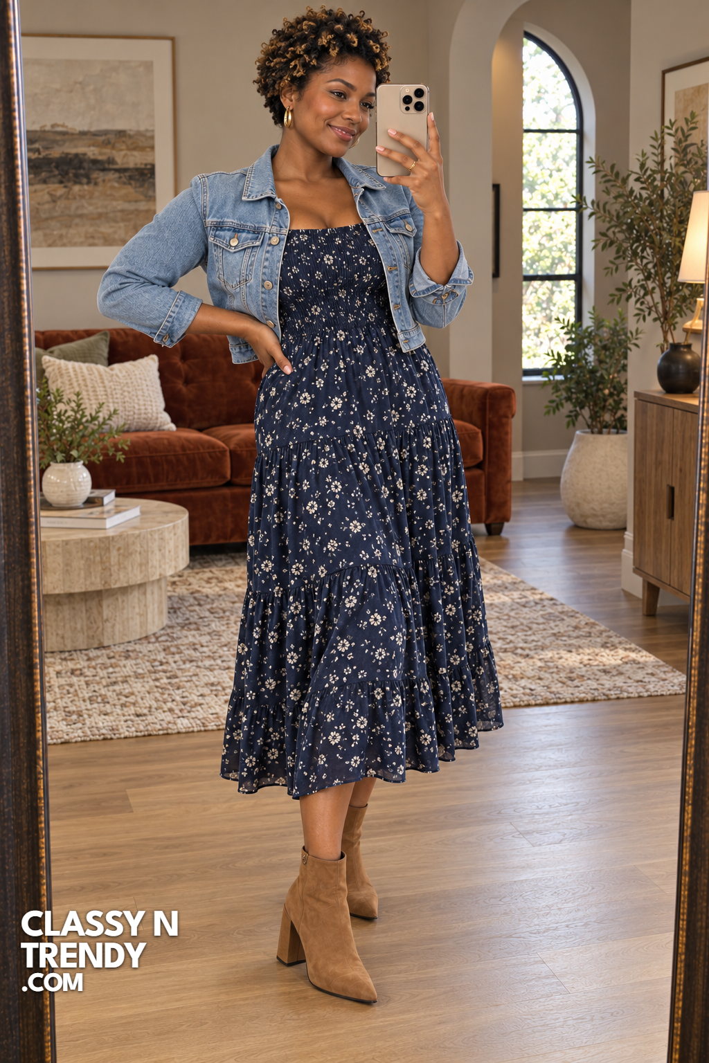 17. Floral Midi Dress and Denim Jacket
