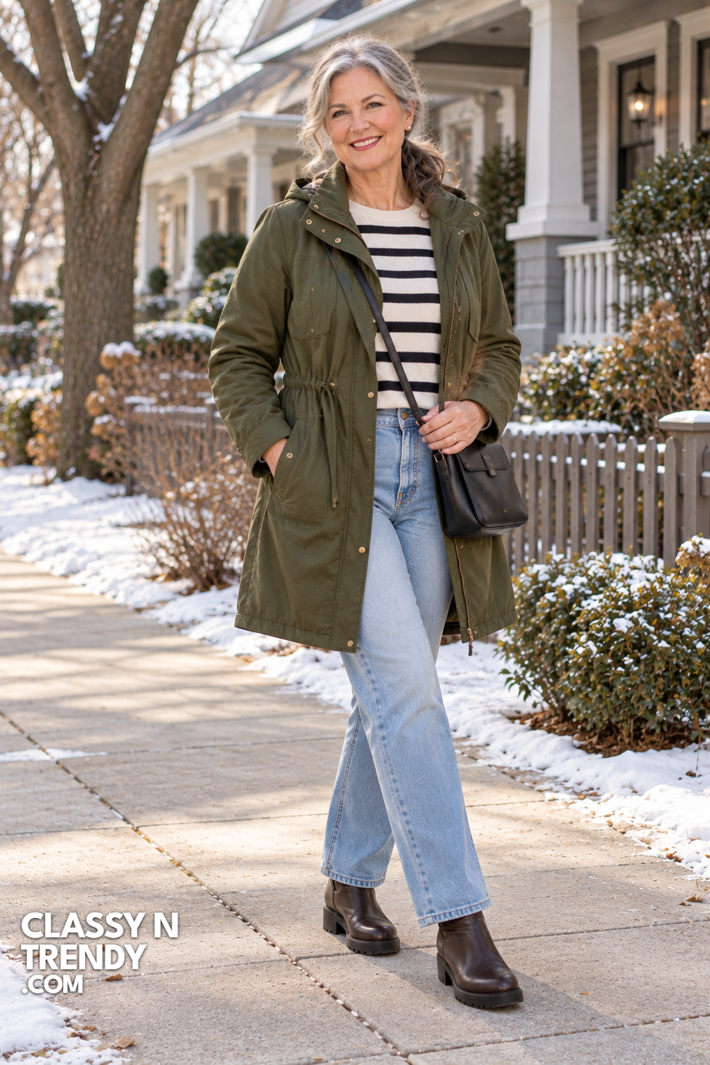 17. Olive Parka and Striped Sweater