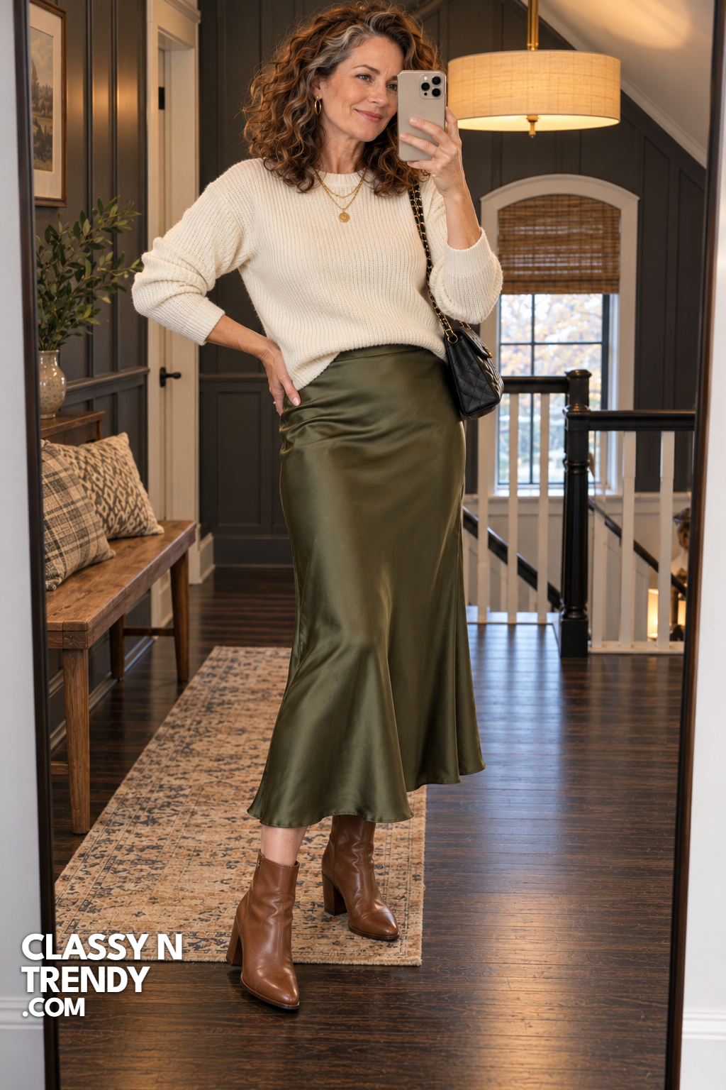 17. Olive Satin Skirt and Ivory Rib Knit