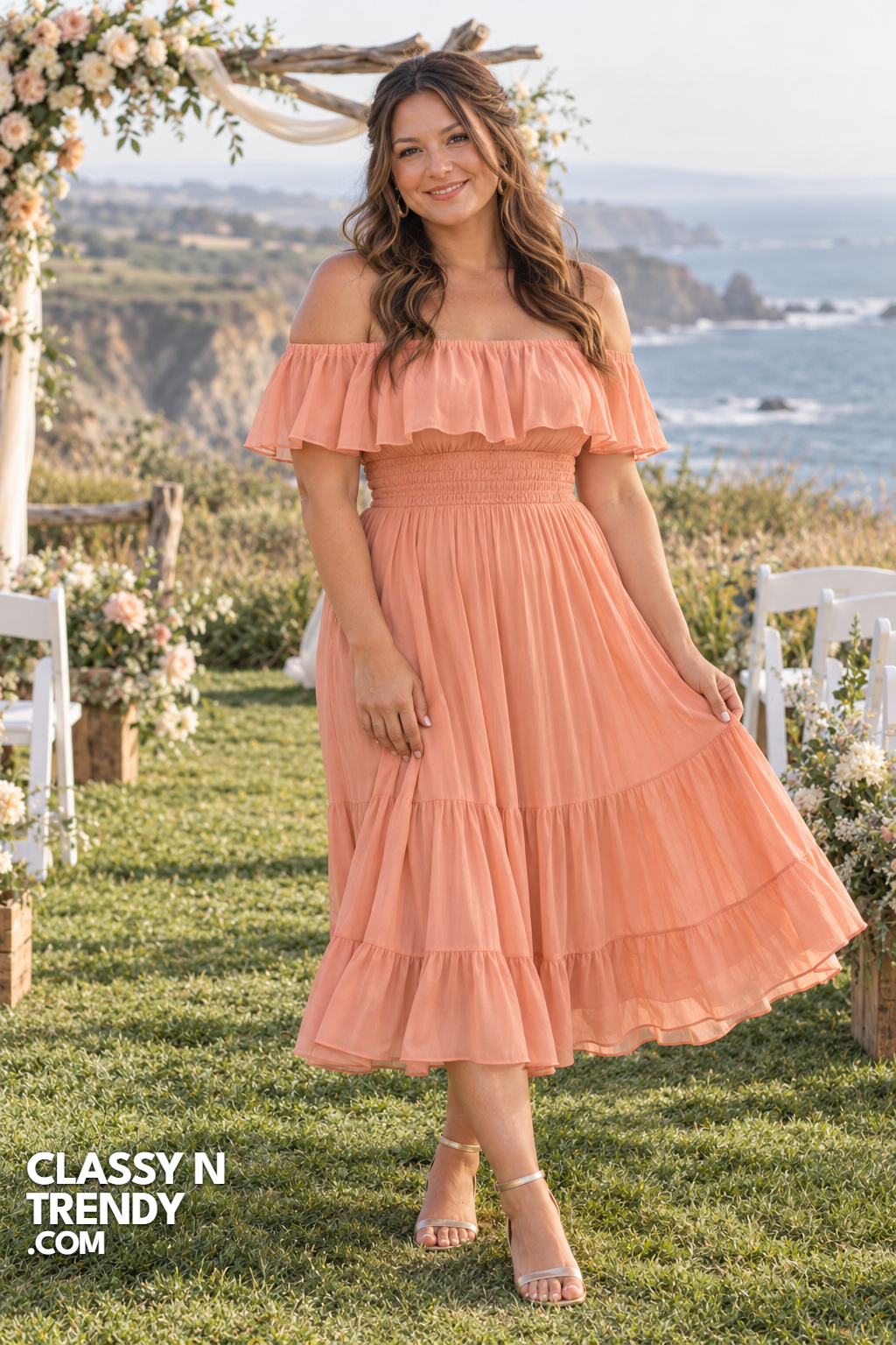 17. Peach Off Shoulder Midi With Ruffles