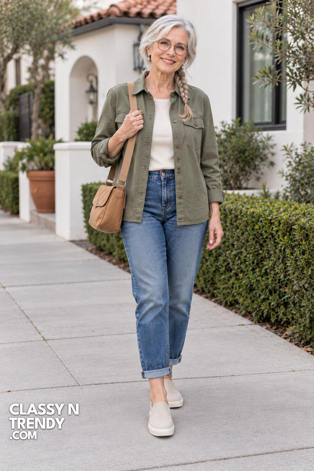 17. Sage Shirt Jacket and Boyfriend Jeans