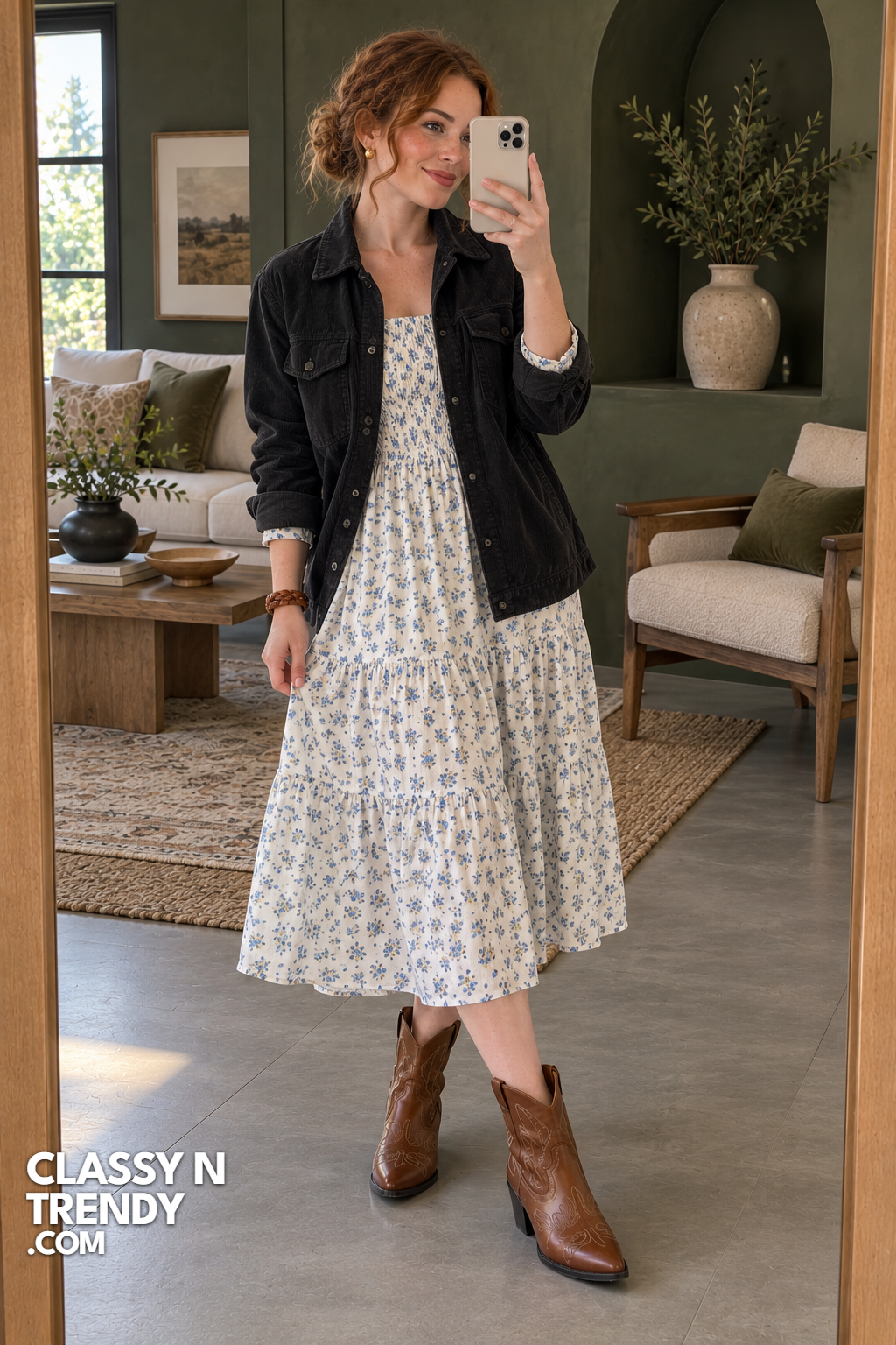 18. Black Corduroy Shirt Jacket over Blue Floral Prairie Dress