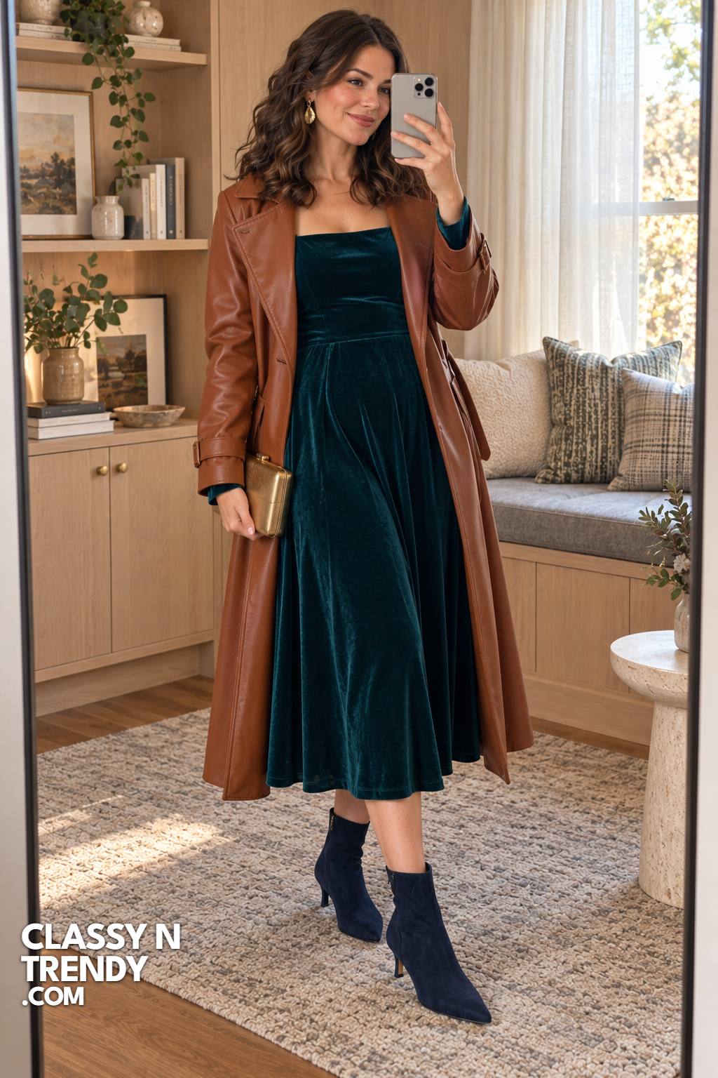18. Dark Teal Velvet Dress with Cognac Coat