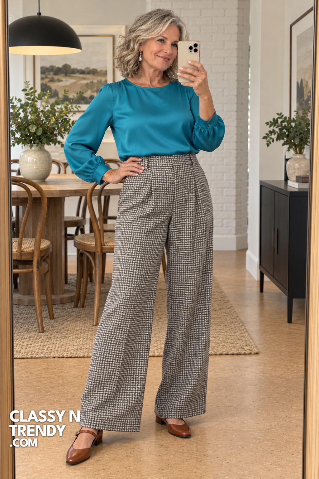 18. Houndstooth Pants and Turquoise Top