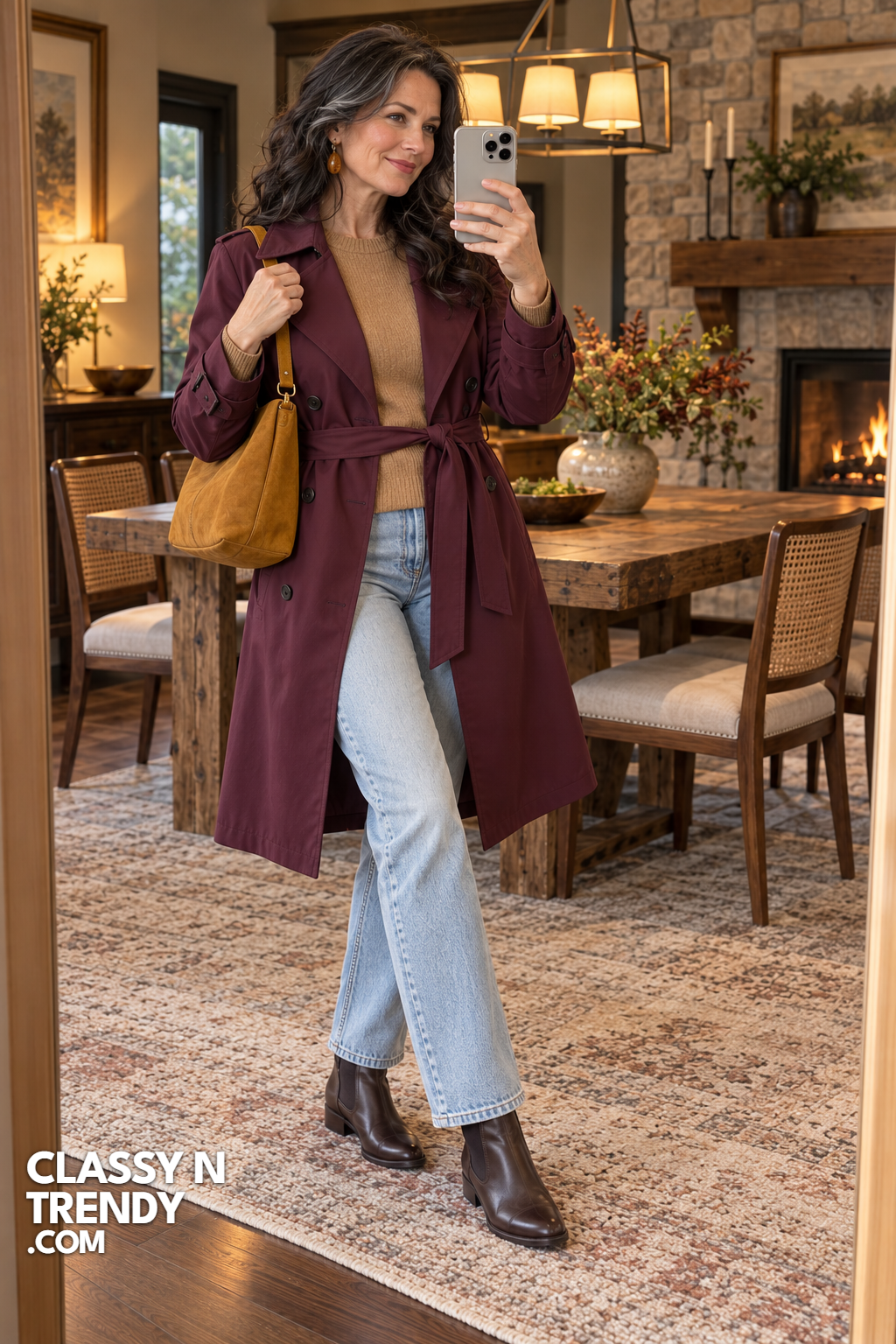 18. Plum Trench With Light Wash Jeans